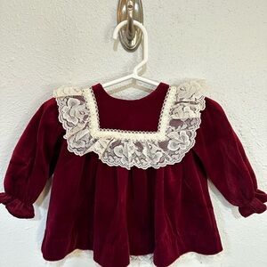 Vintage Bryan & Co. Burgundy Velvet Lace Baby Dress — Vintage 6–9 Months